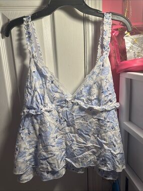 No Boundaries White and Light Blue Floral Lace-Trim Sleep Cami